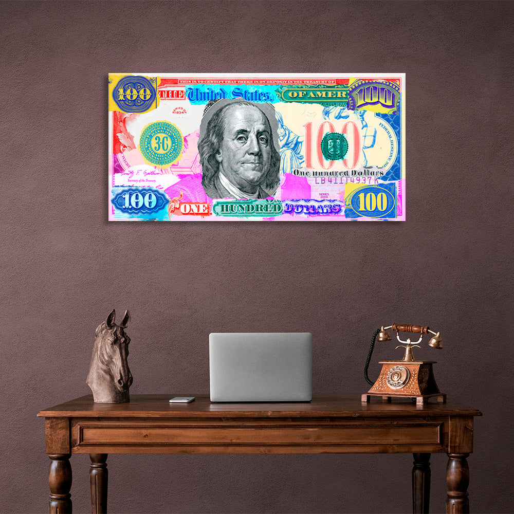 A multi-colored hundred dollar bill Inspirational Canvas Wall Art Print