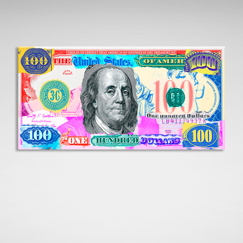 A multi-colored hundred dollar bill Inspirational Canvas Wall Art Print