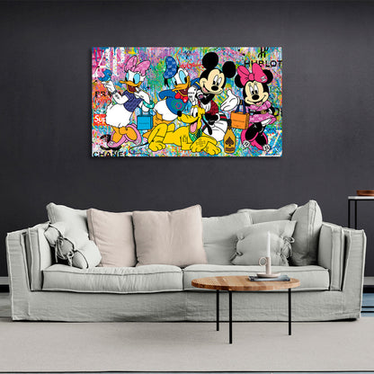 Mickey Mouse and his friends on colored background with hublot inscription Canvas Wall Art Print