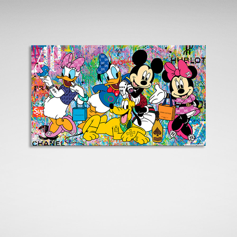 Mickey Mouse and his friends on colored background with hublot inscription Canvas Wall Art Print