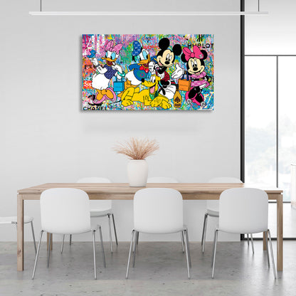 Mickey Mouse and his friends on colored background with hublot inscription Canvas Wall Art Print