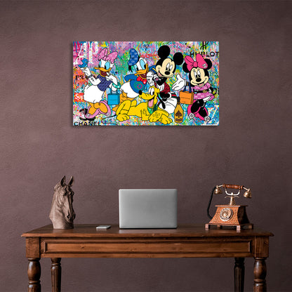 Mickey Mouse and his friends on colored background with hublot inscription Canvas Wall Art Print