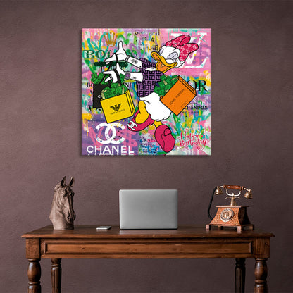 Canvas painting of a duck girl with shopping from different brands Canvas Wall Art Print