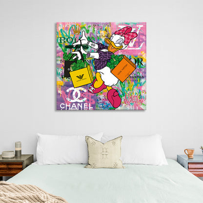 Canvas painting of a duck girl with shopping from different brands Canvas Wall Art Print