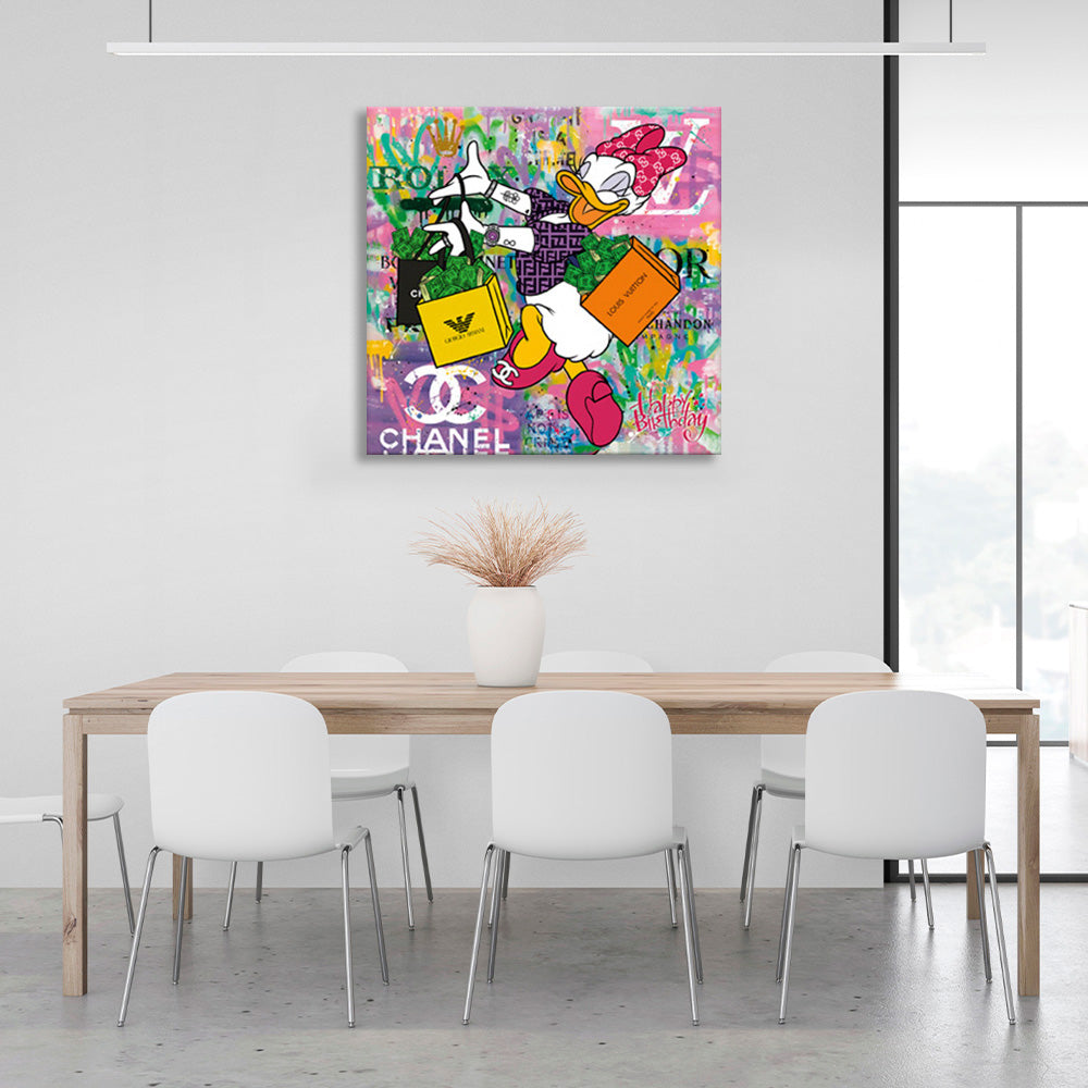 Canvas painting of a duck girl with shopping from different brands Canvas Wall Art Print