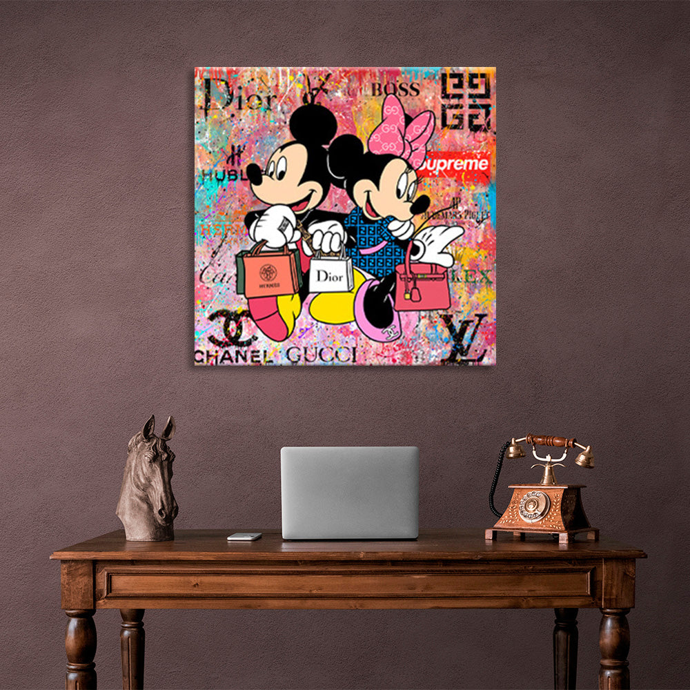 Mickey and Mini Mouse shopping from different brands Canvas Wall Art Print