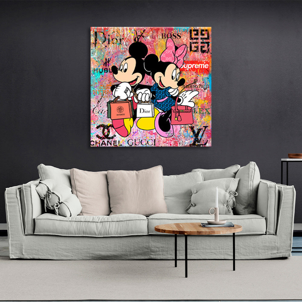 Mickey and Mini Mouse shopping from different brands Canvas Wall Art Print