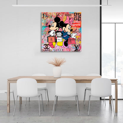 Mickey and Mini Mouse shopping from different brands Canvas Wall Art Print