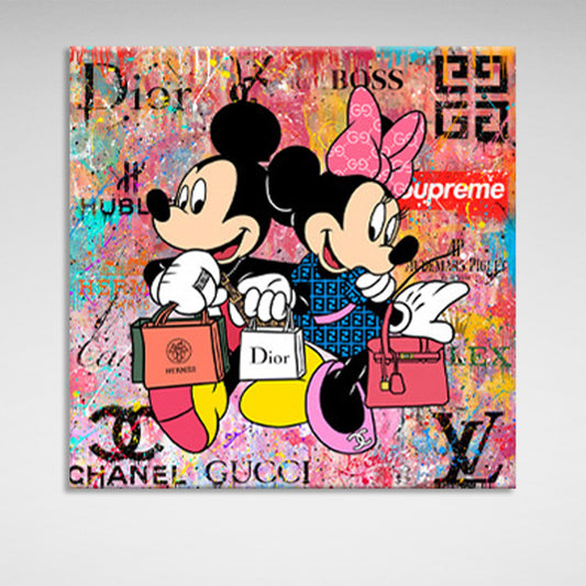 Mickey and Mini Mouse shopping from different brands Canvas Wall Art Print