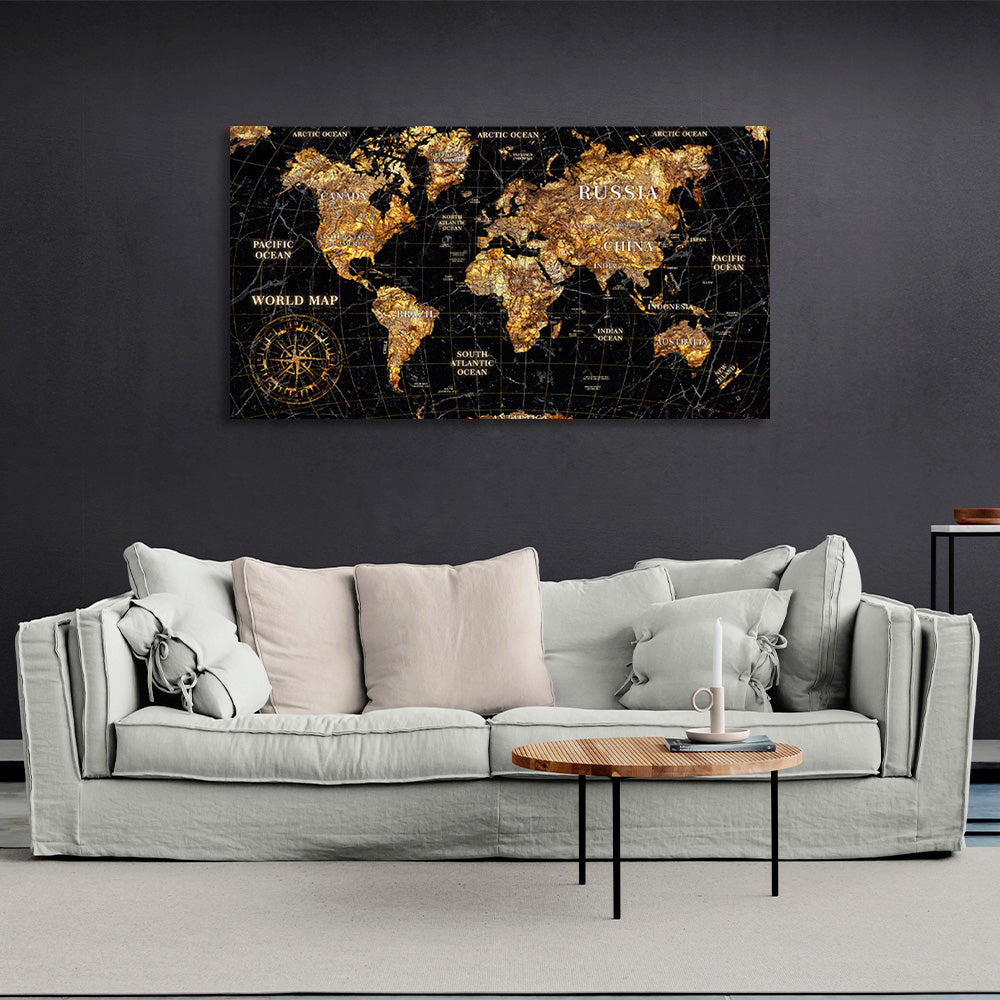 World map in golden colors Canvas Wall Art Print