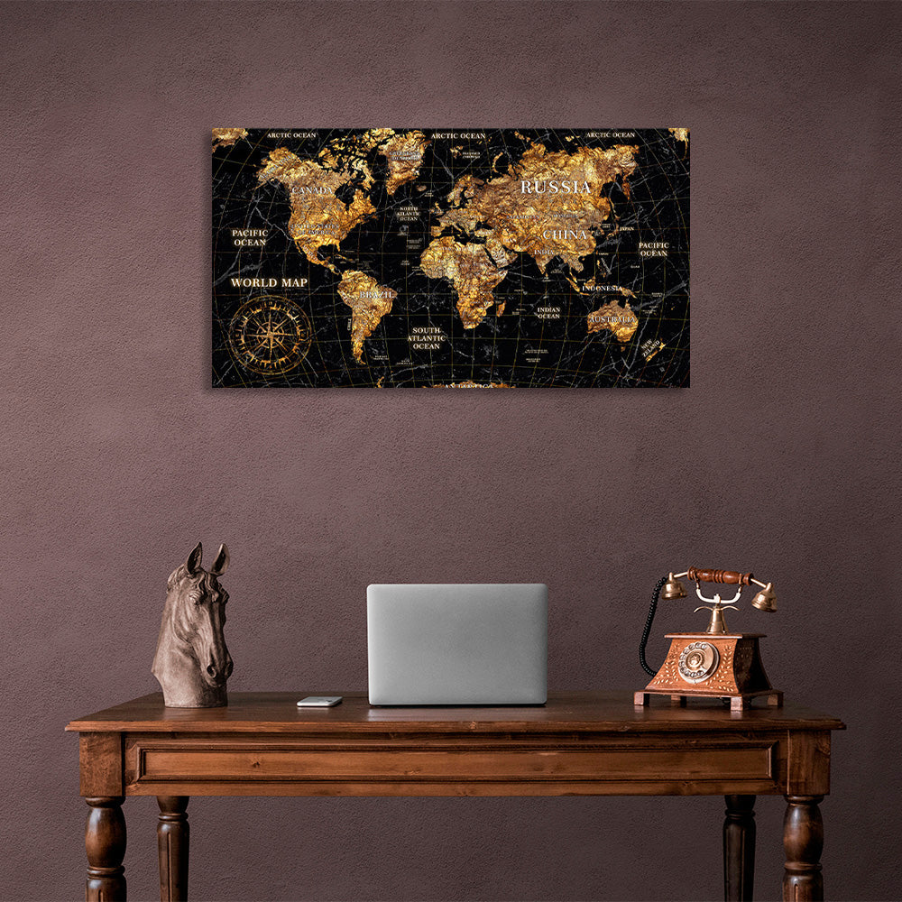 World map in golden colors Canvas Wall Art Print