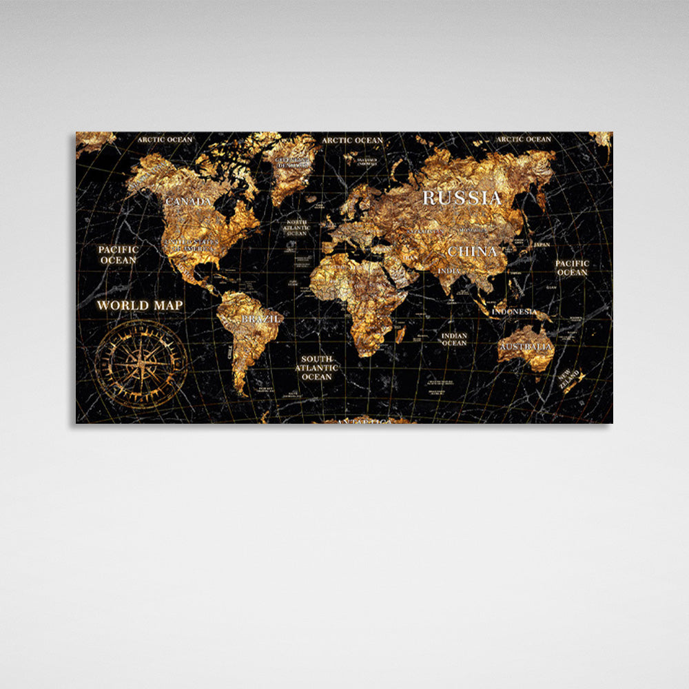 World map in golden colors Canvas Wall Art Print