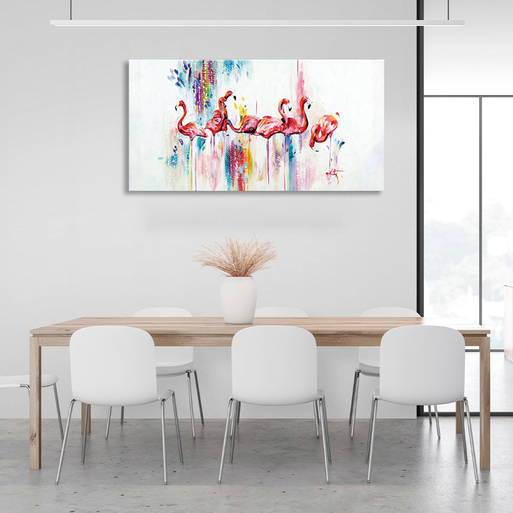 A flock of pink flamingos Canvas Wall Art Print