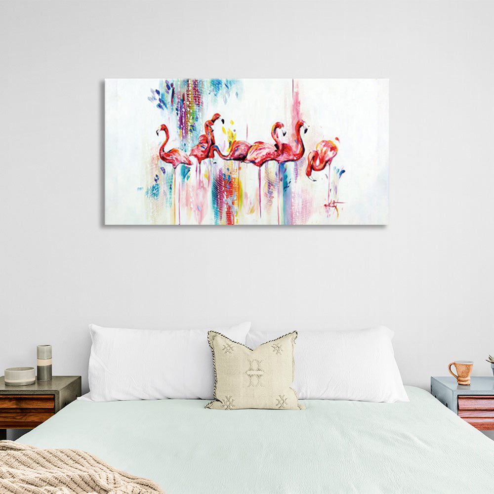 A flock of pink flamingos Canvas Wall Art Print