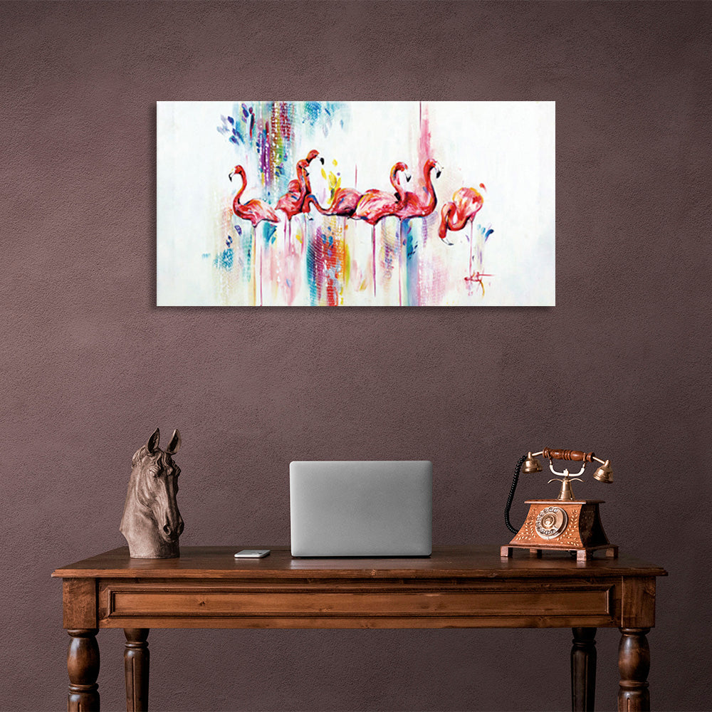 A flock of pink flamingos Canvas Wall Art Print