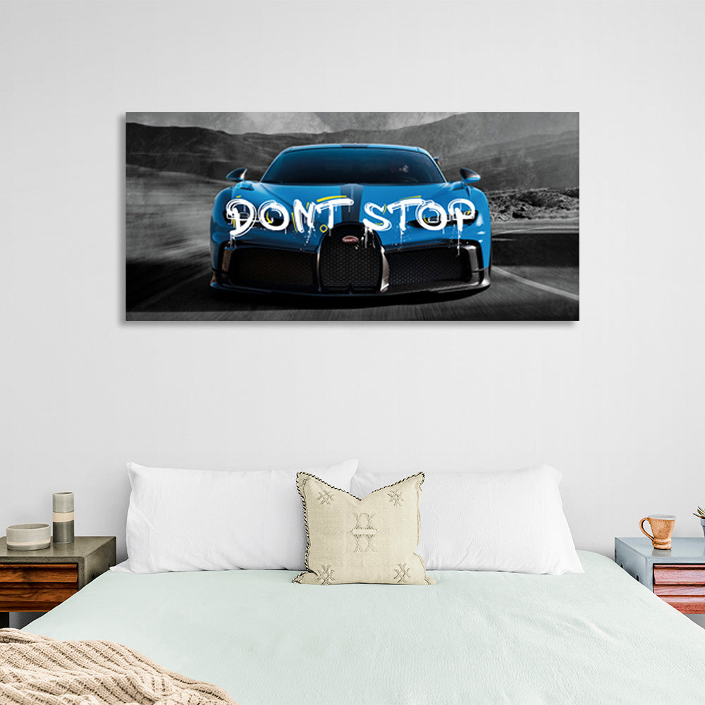 Bugatti blue car on gray roads Canvas Wall Art Print