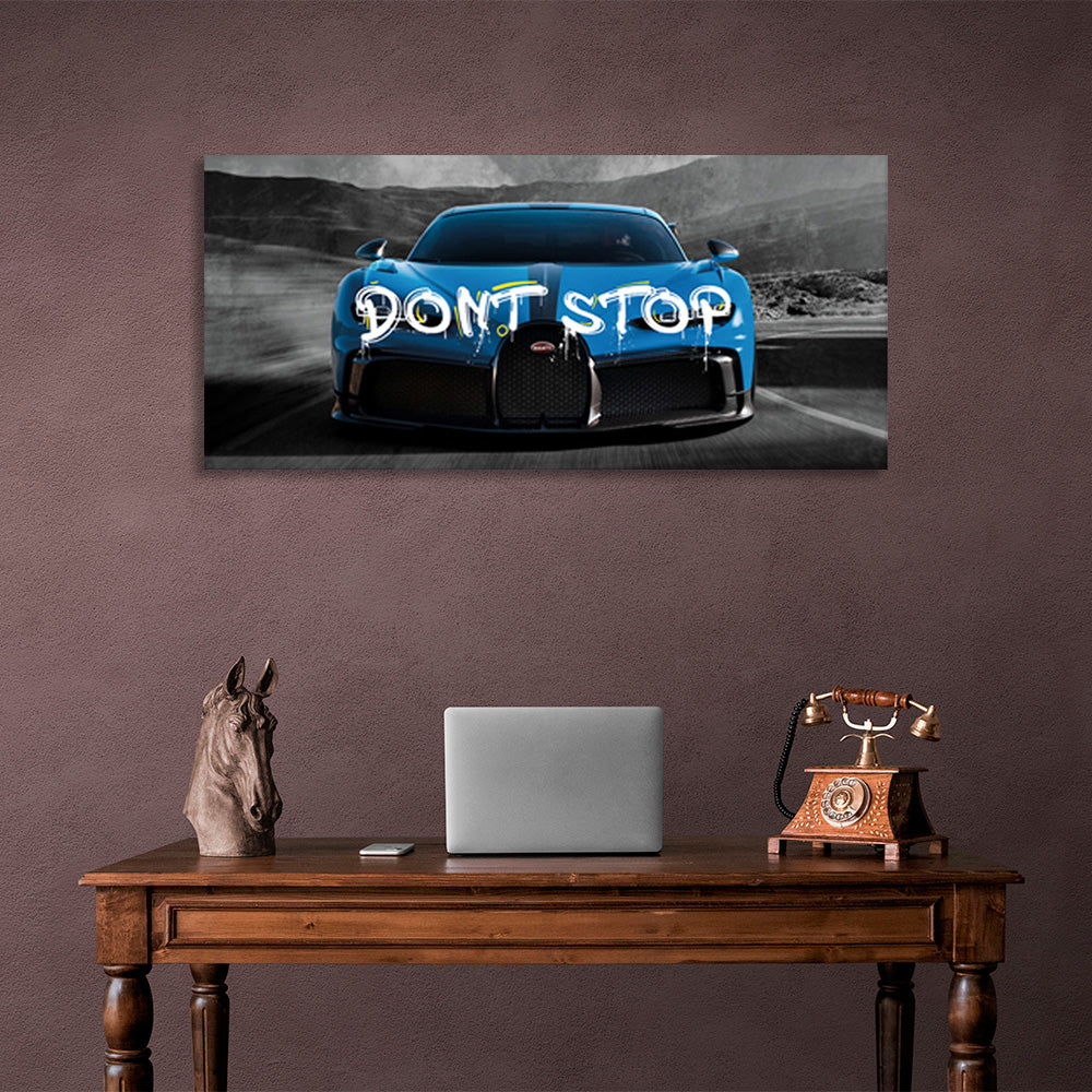 Bugatti blue car on gray roads Canvas Wall Art Print