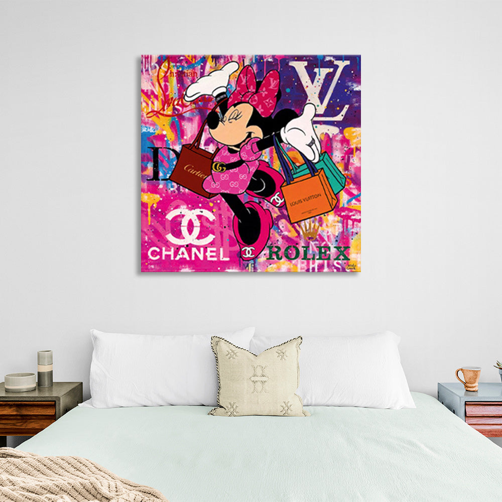 Minnie Mouse shopping with different brands Canvas Wall Art Print