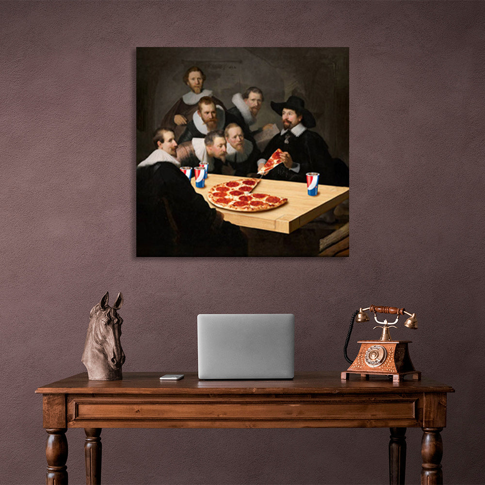 Rembrandt's pizza-eating lesson Canvas Wall Art Print