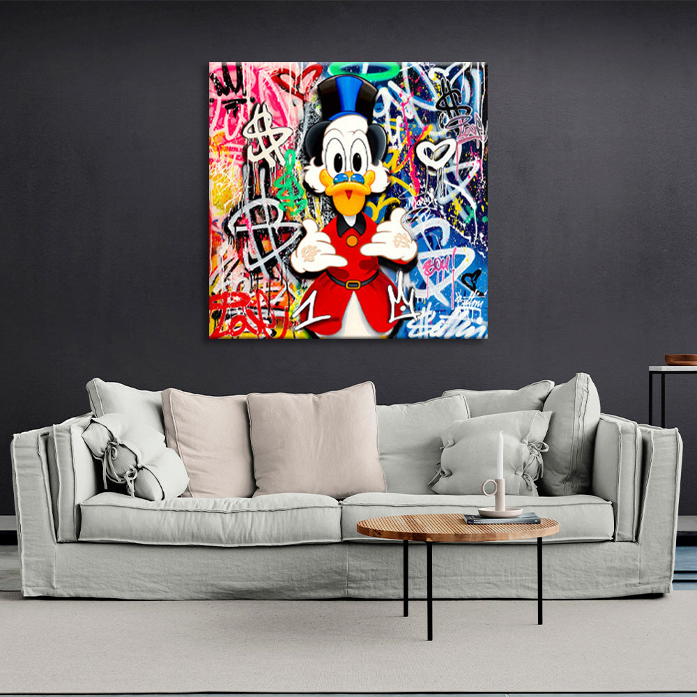 Scrooge graffiti on a background of two colors Inspirational Canvas Wall Art Print