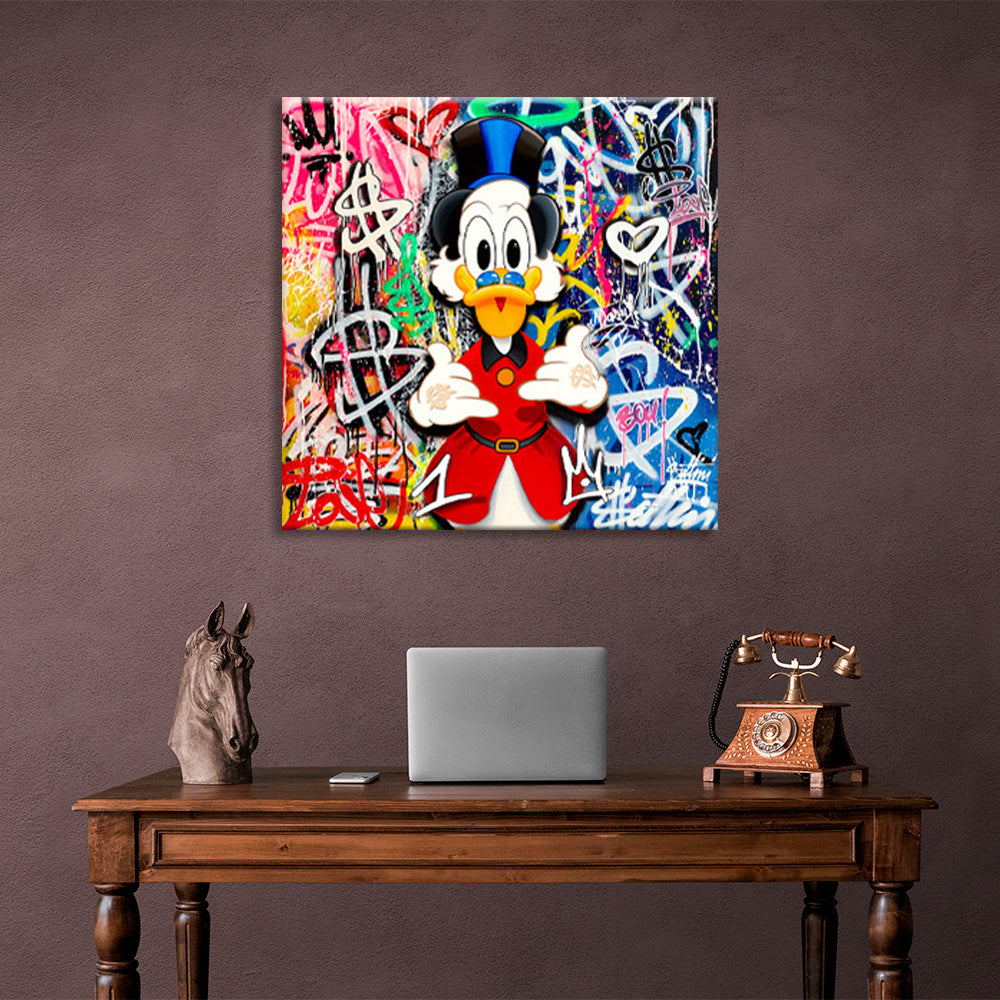 Scrooge graffiti on a background of two colors Inspirational Canvas Wall Art Print