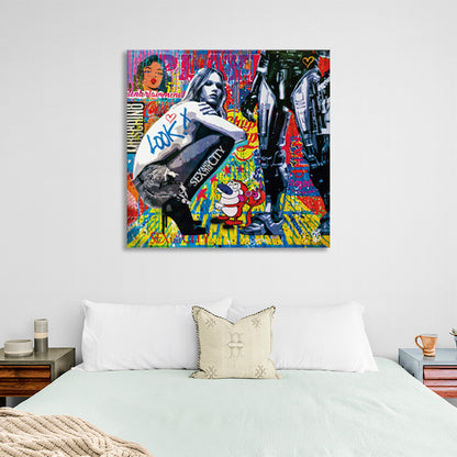 The girl and the robot with the inscriptions Canvas Wall Art Print