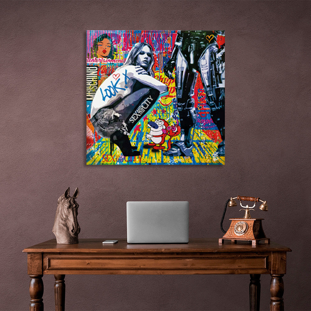 The girl and the robot with the inscriptions Canvas Wall Art Print