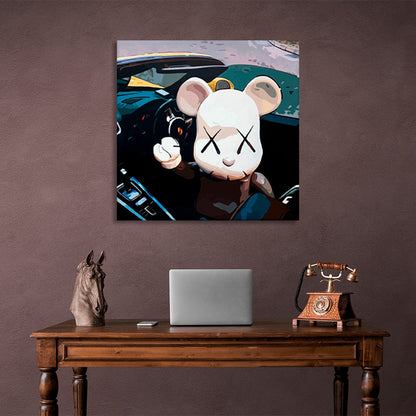 A white mouse in a car Canvas Wall Art Print