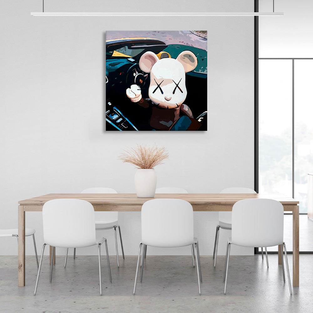 A white mouse in a car Canvas Wall Art Print