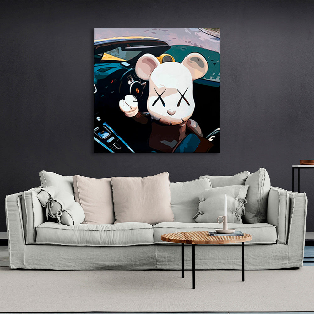 A white mouse in a car Canvas Wall Art Print