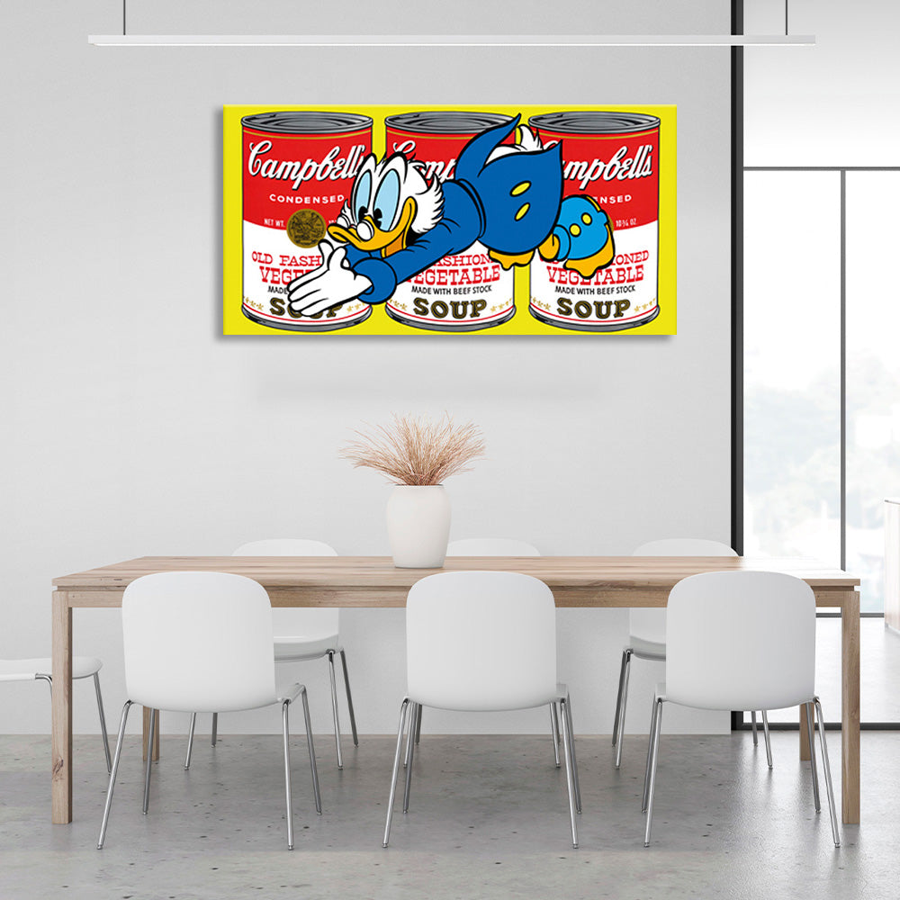 Scrooge against a background of three tin cans and yellow coloringInspirational Canvas Wall Art Print