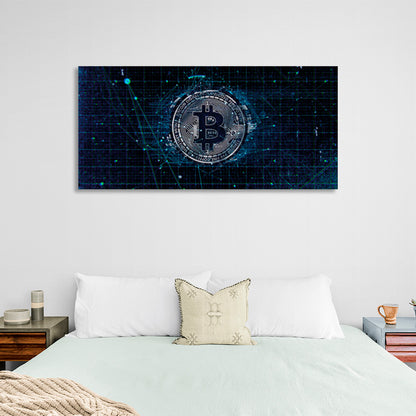 Bitcoin in silver color on dark blue background Inspirational Canvas Wall Art Print