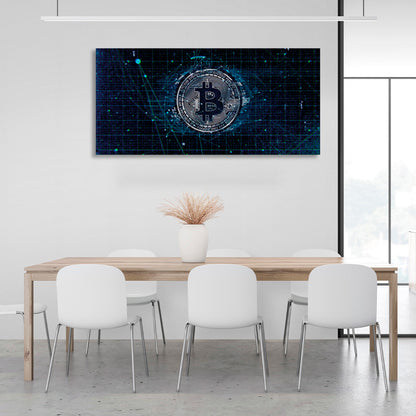 Bitcoin in silver color on dark blue background Inspirational Canvas Wall Art Print