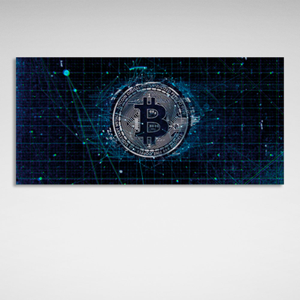 Bitcoin in silver color on dark blue background Inspirational Canvas Wall Art Print