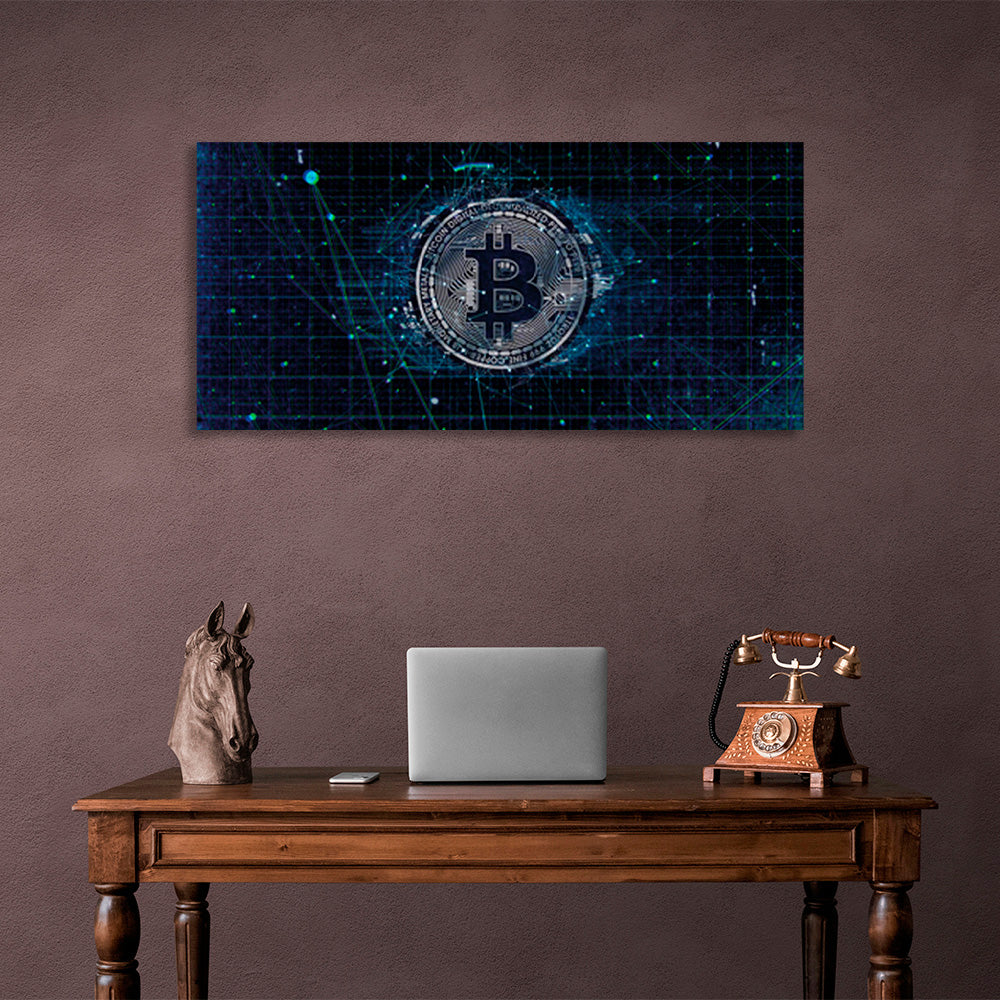 Bitcoin in silver color on dark blue background Inspirational Canvas Wall Art Print