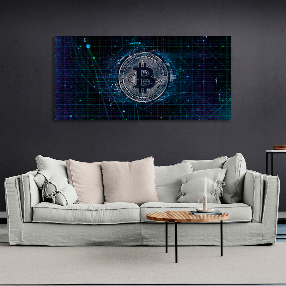 Bitcoin in silver color on dark blue background Inspirational Canvas Wall Art Print