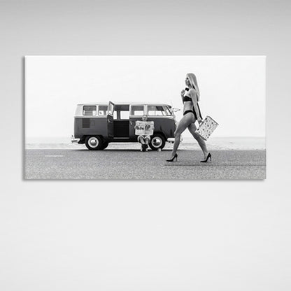 A girl in a swimsuit with heels in the background of an old bus Canvas Wall Art Print