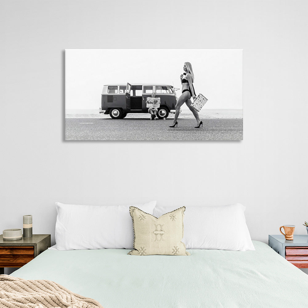 A girl in a swimsuit with heels in the background of an old bus Canvas Wall Art Print