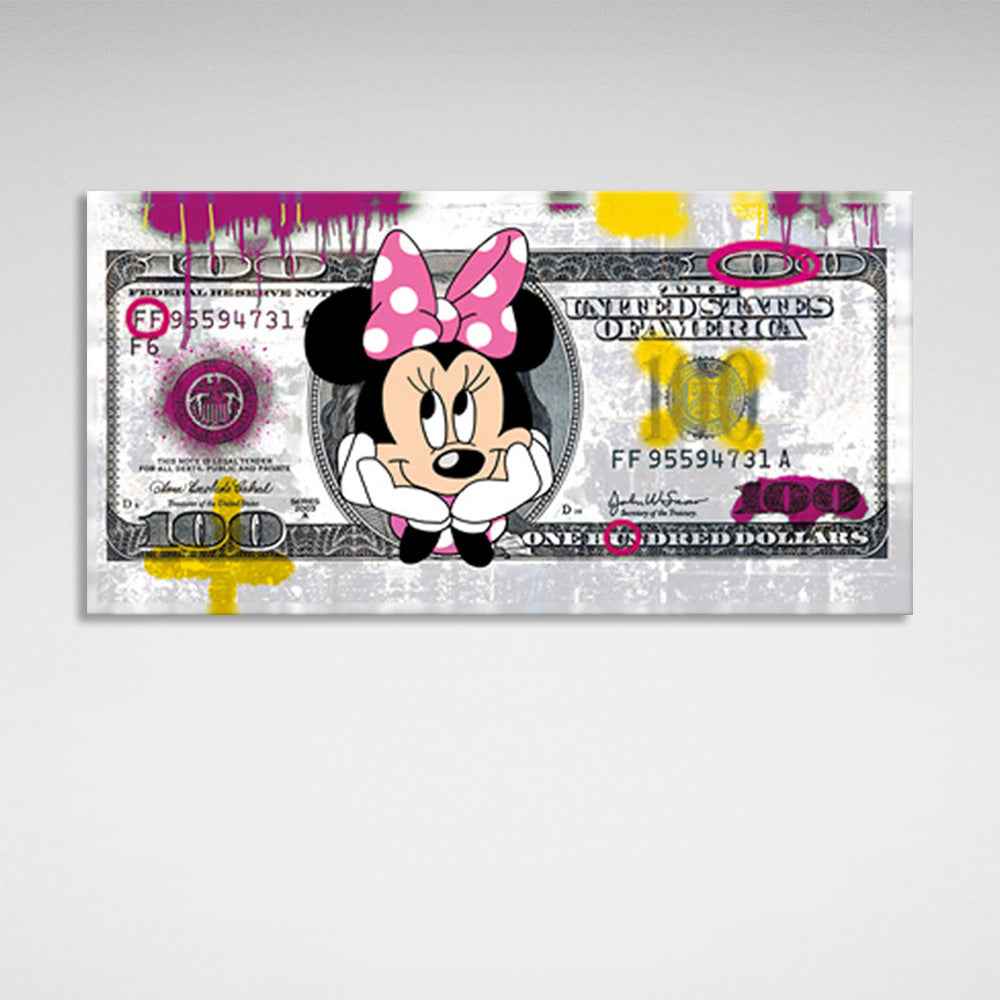 A 100-dollar bill with Minnie Mouse on it Inspirational Canvas Wall Art Print