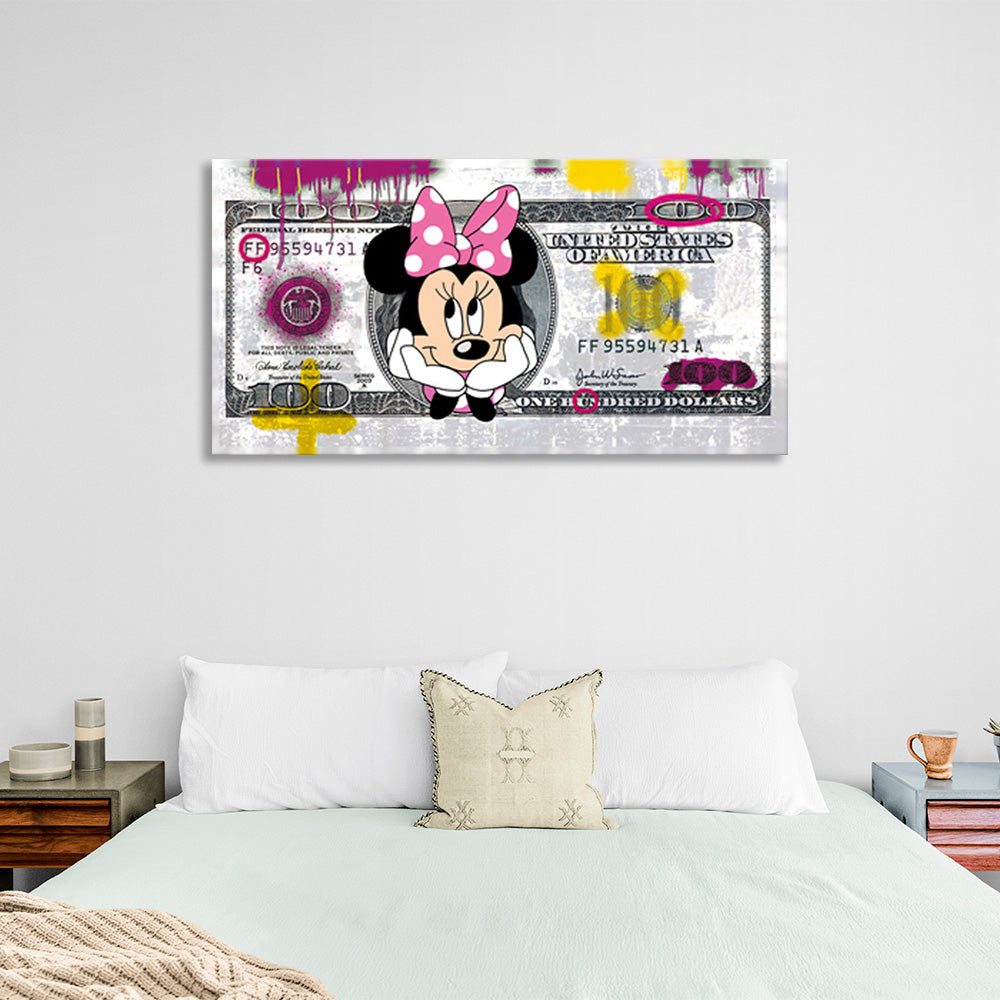 A 100-dollar bill with Minnie Mouse on it Inspirational Canvas Wall Art Print