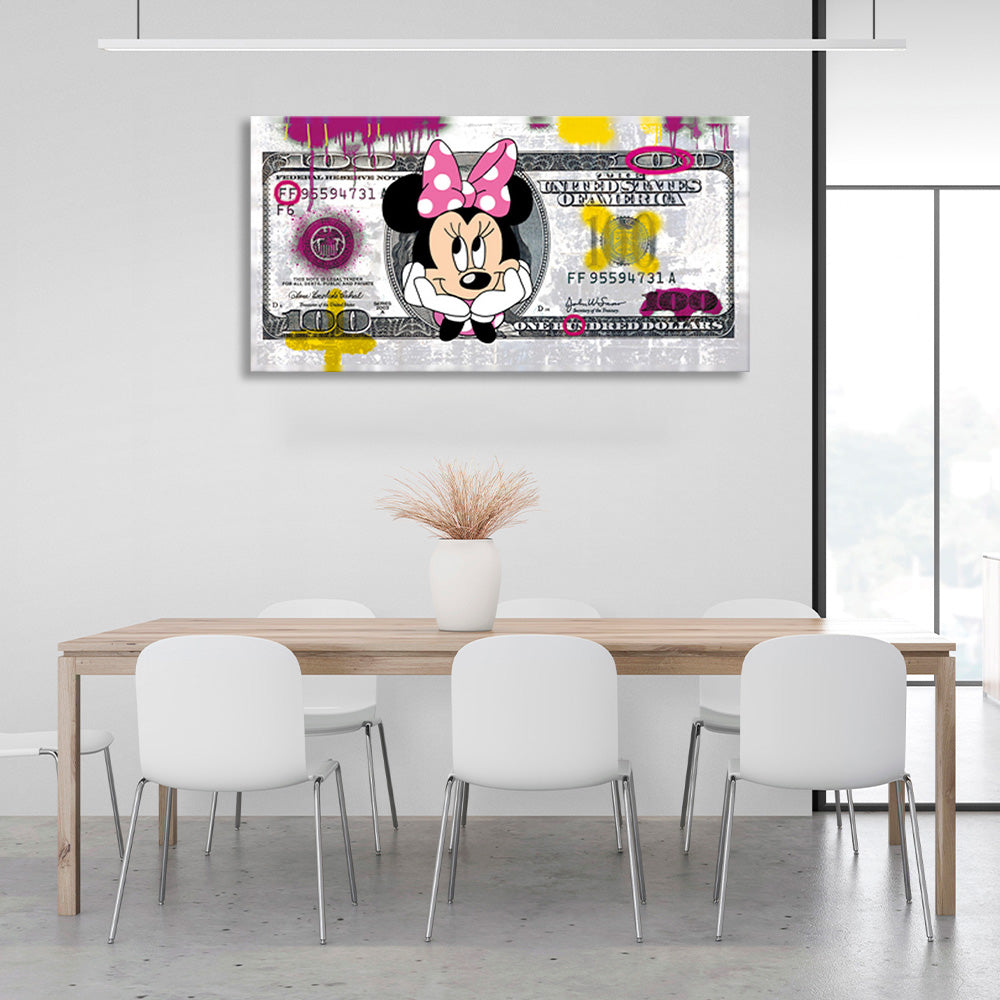 A 100-dollar bill with Minnie Mouse on it Inspirational Canvas Wall Art Print