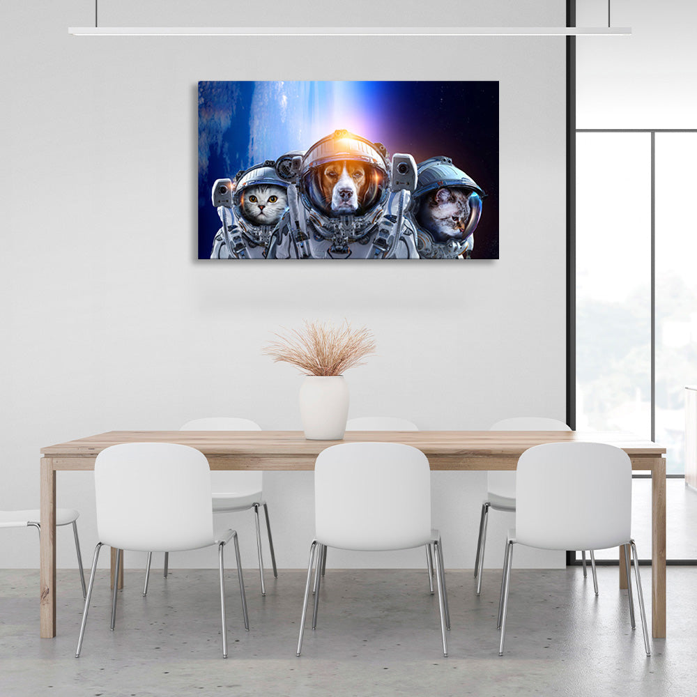 One dog and two cat astronauts Canvas Wall Art Print