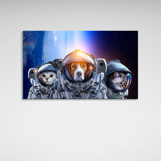 One dog and two cat astronauts Canvas Wall Art Print