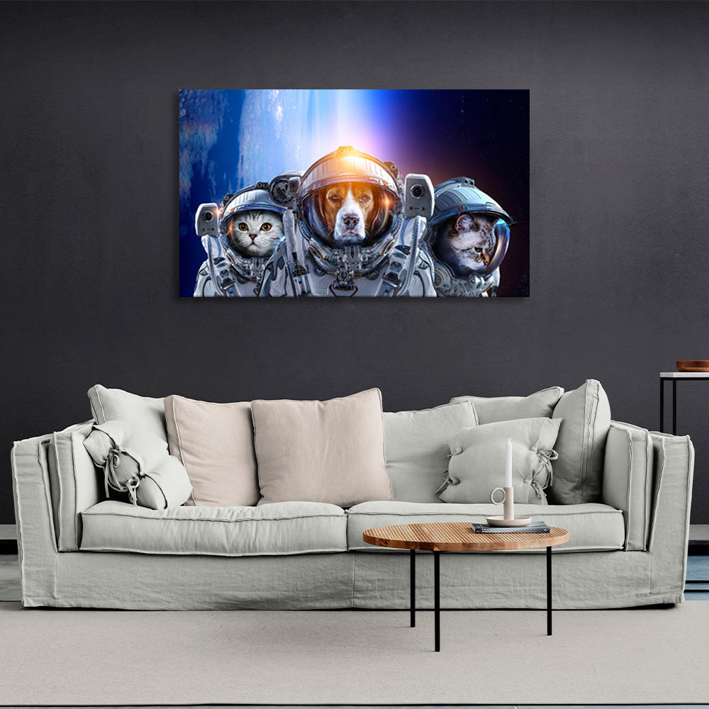 One dog and two cat astronauts Canvas Wall Art Print