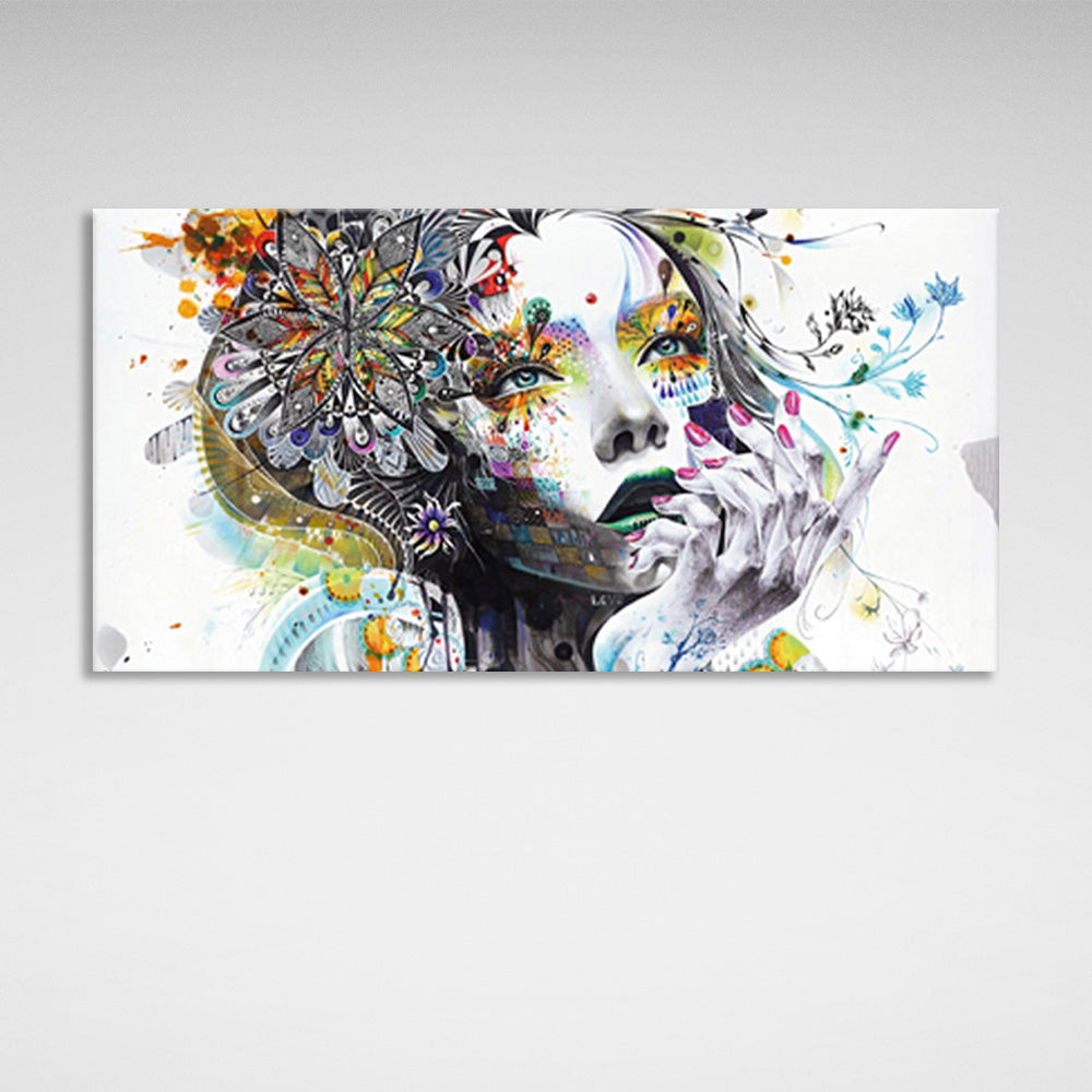 Girl in floral print on white background Canvas Wall Art Print