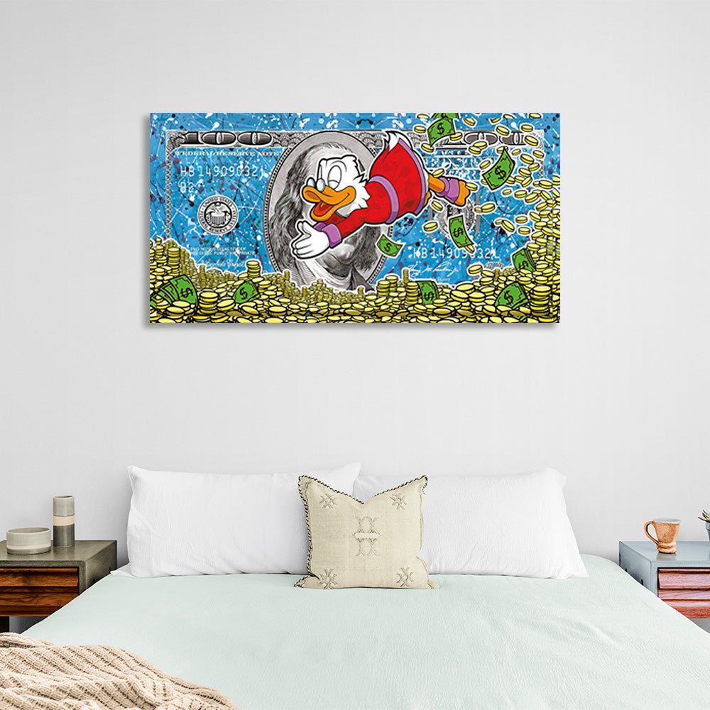 Scrooge dives into the coins Inspirational Canvas Wall Art Print