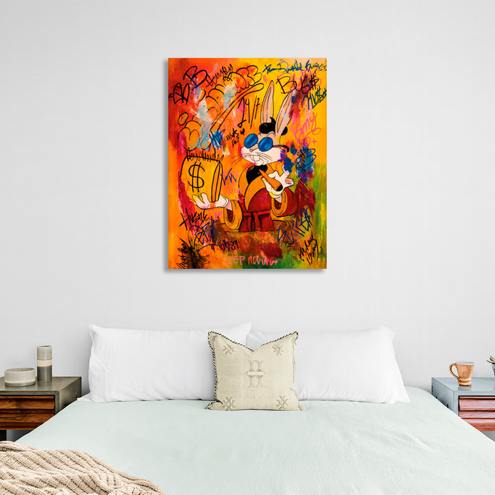 A rabbit with orange graffiti Canvas Wall Art Print