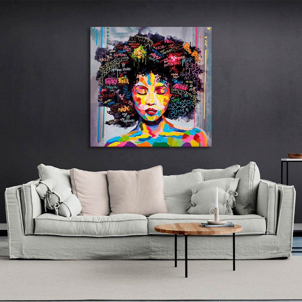 African-American woman in rainbow hues Canvas Wall Art Print