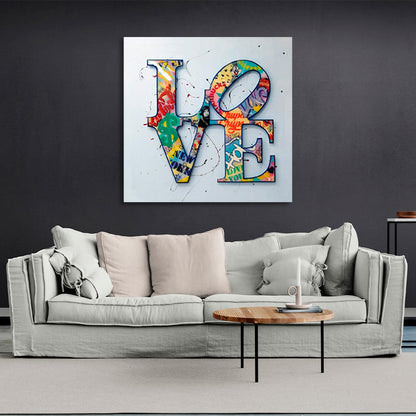 LOVE lettering in bright colors on a gray background Canvas Wall Art Print