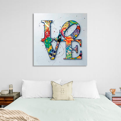 LOVE lettering in bright colors on a gray background Canvas Wall Art Print